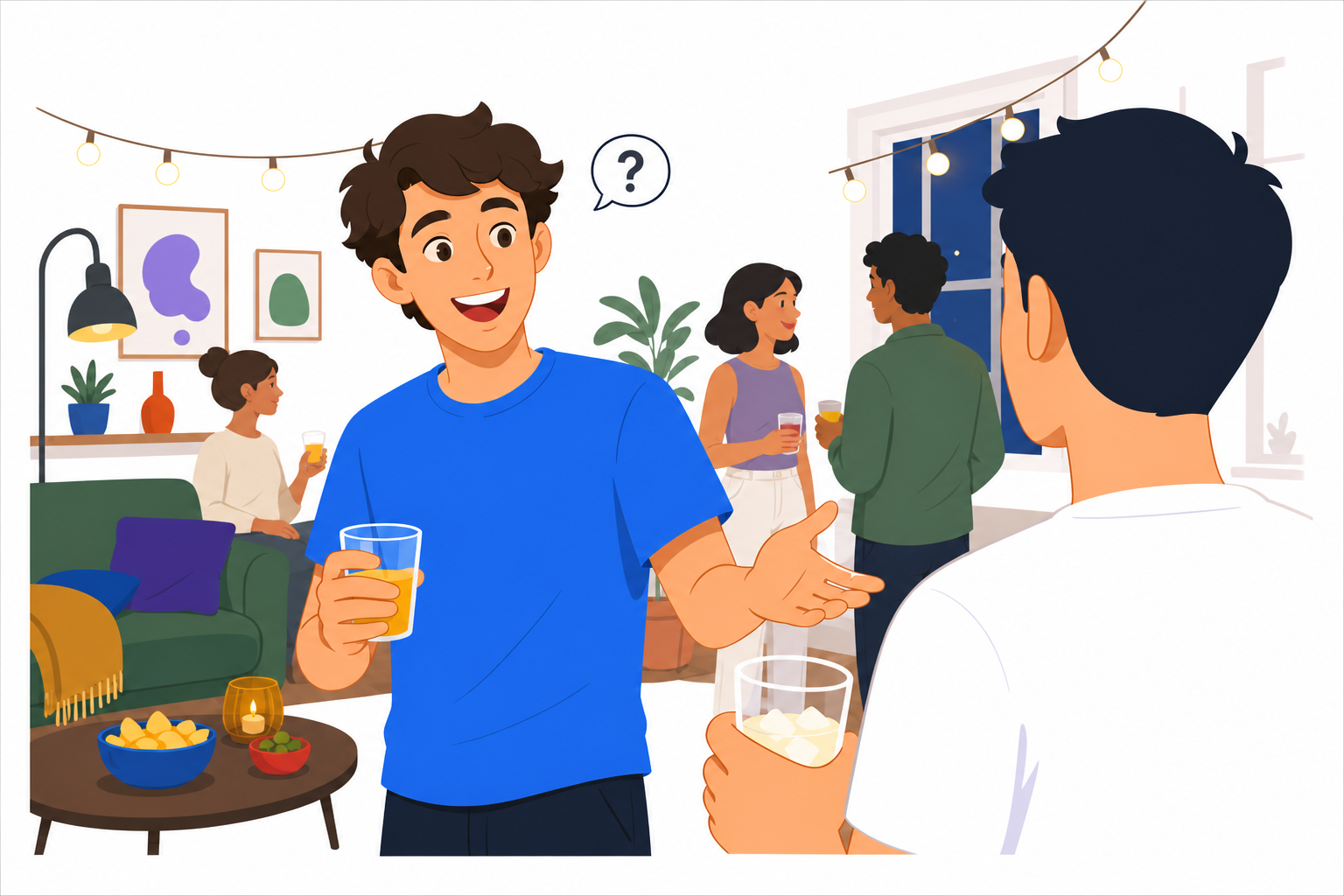 Two people starting a conversation at a friend's birthday
